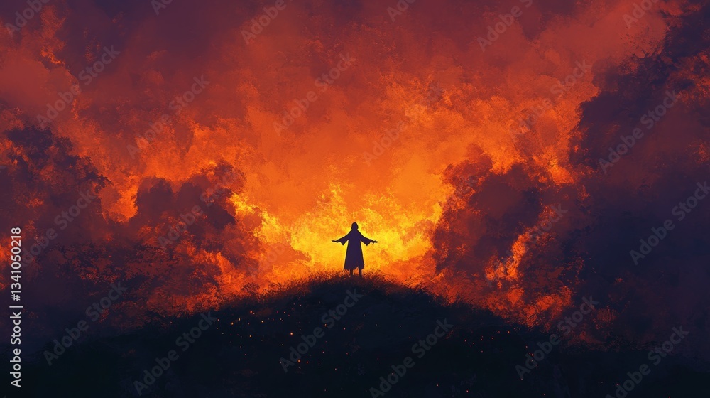 Obraz premium Figure embraces sunset on hill surrendering to new chapter
