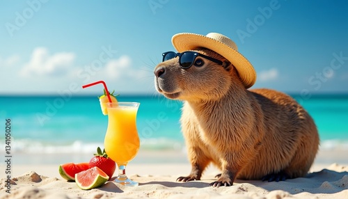Obraz na płótnie A cheerful capybara relaxes on the beach, wearing a stylish sun hat and sunglasses while enjoying a colorful drink. This scene embodies the spirit of summer fun and carefree beach days w salonie