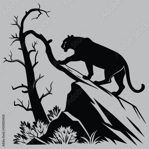 a mountain lion stalking its prey silhouette vector design art and illustration