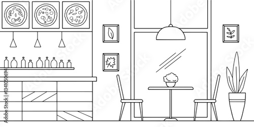 Pizzeria interior fast food restaurant graphic black white sketch illustration vector 