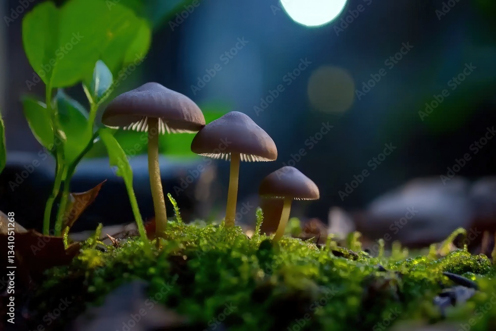 Tiny mushrooms in mossy ground at night Tiny mushrooms in mossy ground at night