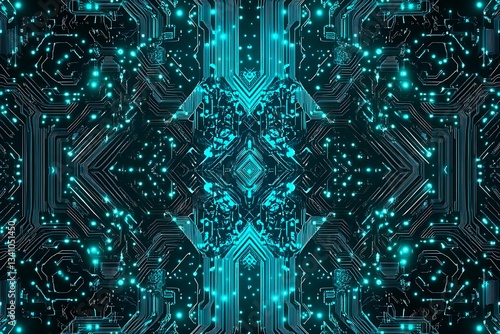 Abstract close-up of a glowing blue digital circuit board, showcasing intricate connections and technological design on a black background.
