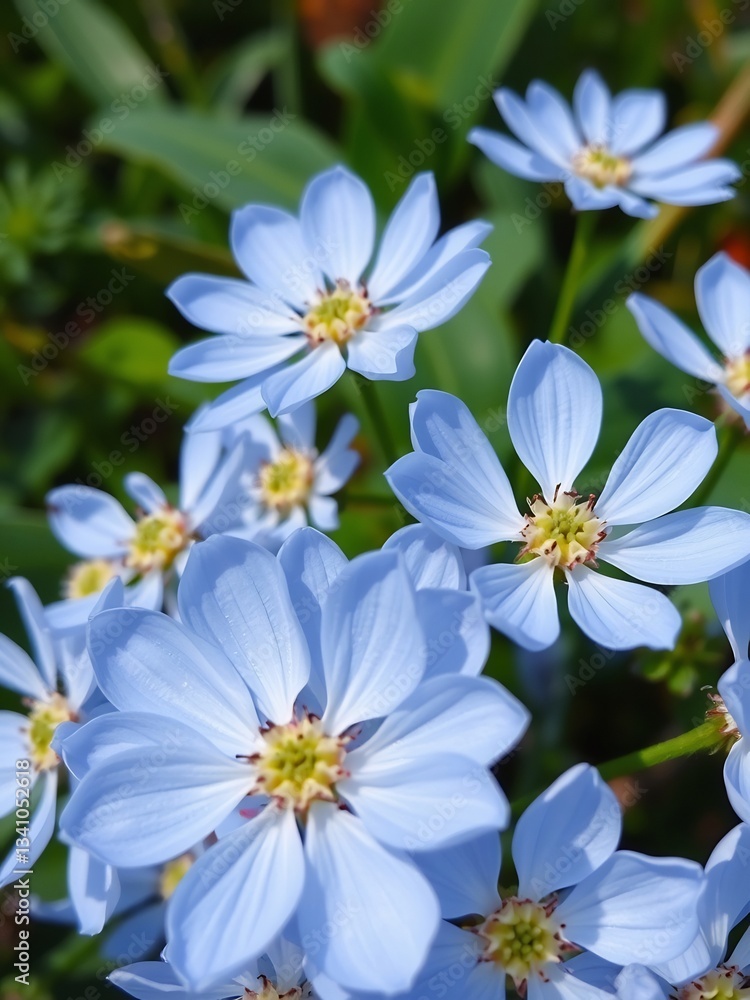 Delicate pale blue flowers bloom brightly under soft sunlight. AI Generated Delicate pale blue flowers bloom brightly under soft sunlight. AI Generated