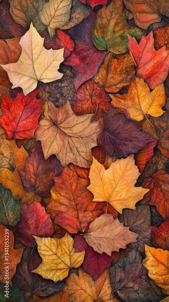 Obraz premium Fallen leaves in vibrant colors scattered on the ground during autumn highlight the beauty of nature's transition