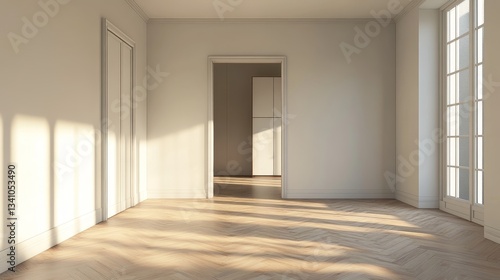 Wallpaper Mural 3D Rendering of Modern Interior with Parquet Floor and Wall Cabinet, Minimalist Scandinavian Style Mockup for Artwork Torontodigital.ca