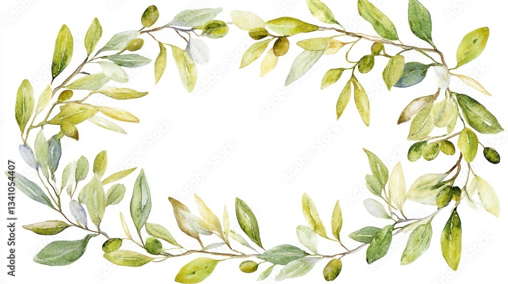 Obraz premium Watercolor olive branch wreath frame, blank background for invitation or card