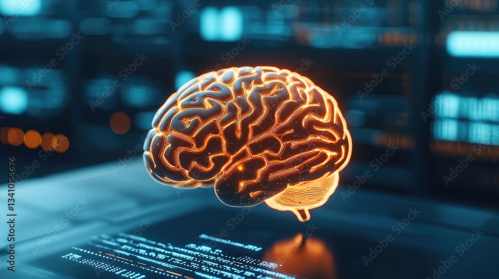 Obraz premium Artificial intelligence and future of network science concept. Conceptual representation of a glowing brain in digital space.