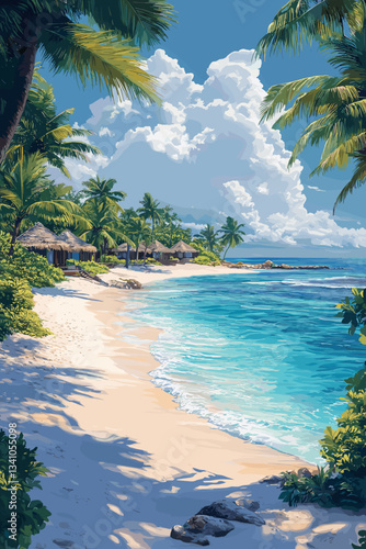A breathtaking tropical beach with soft white sand, turquoise waters, lush palm trees, and charming beachfront bungalows, creating an idyllic paradise retreat