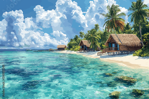 A stunning tropical beach with crystal-clear turquoise waters, white sand, palm trees, and traditional overwater bungalows, creating a serene island paradise