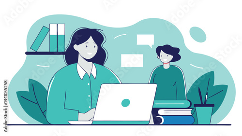 A young professional woman sits at her desk in the office, smiling while working on her laptop. The atmosphere is filled with business activity and a positive attitude.