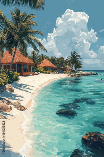 A stunning tropical beach with crystal-clear turquoise waters, white sandy shore, palm trees, and beachfront bungalows, creating a peaceful island paradise