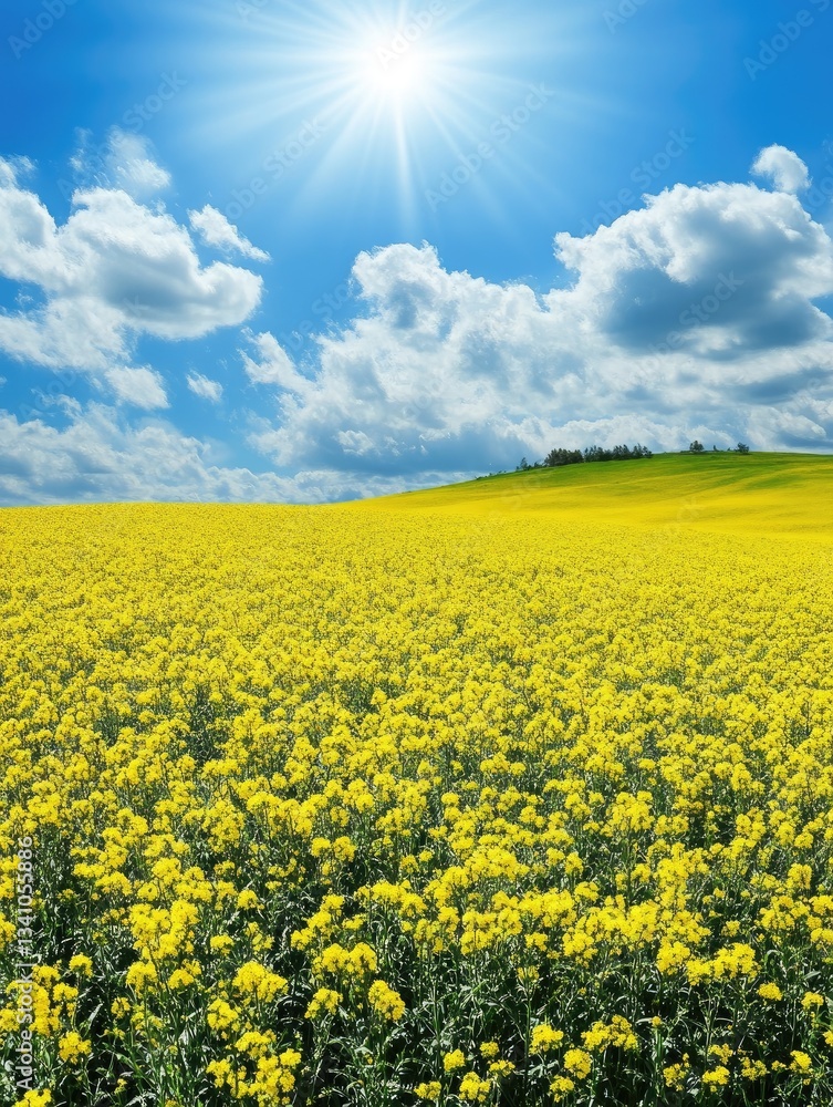 Fototapeta premium A large rapeseed flower field under the blue sky