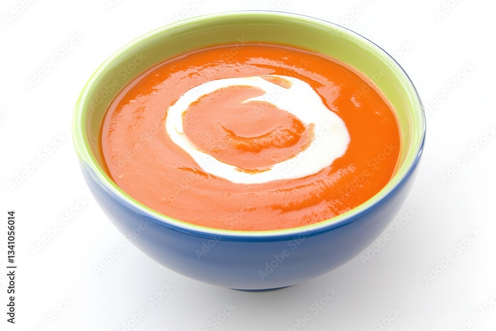 Creamy Tomato Soup with Swirl of Cream in Bowl on White Background Creamy Tomato Soup with Swirl of Cream in Bowl on White Background