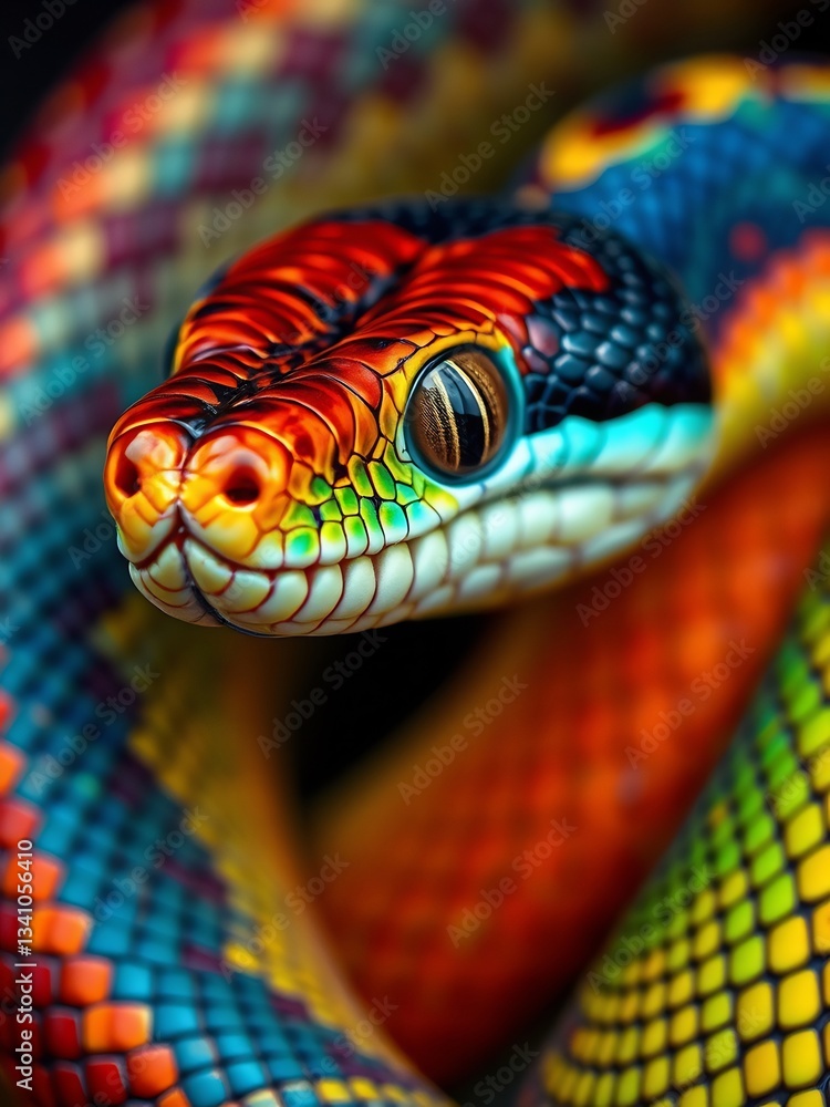 Fototapeta premium Vibrant Rainbow Snake Closeup Striking Pose. AI Generated