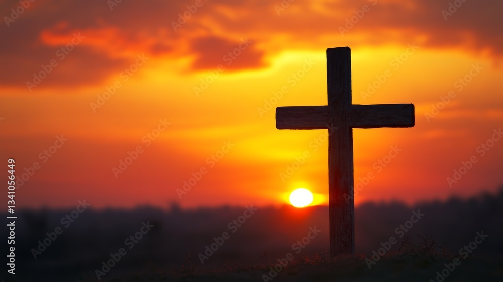 Tranquil sunset silhouette featuring rustic cross in warm light Tranquil sunset silhouette featuring rustic cross in warm light
