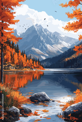 Breathtaking autumn landscape featuring a serene lake reflecting vibrant orange trees, majestic snow-capped mountains, and a clear blue sky, capturing the beauty of fall