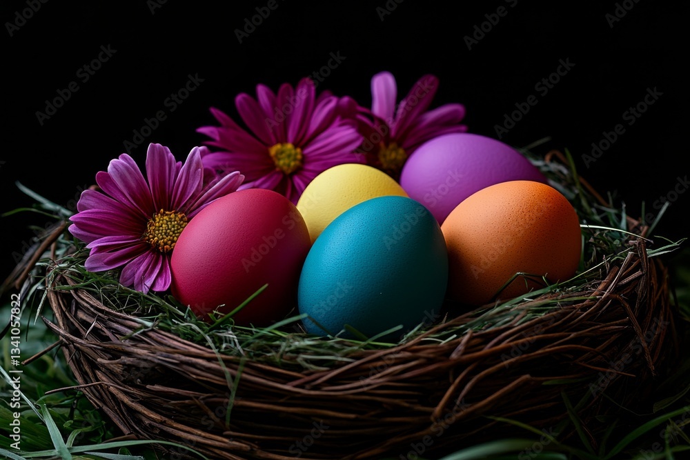Naklejka premium A nest filled with pastel Easter eggs resting on a soft bed of fresh grass and spring flowers