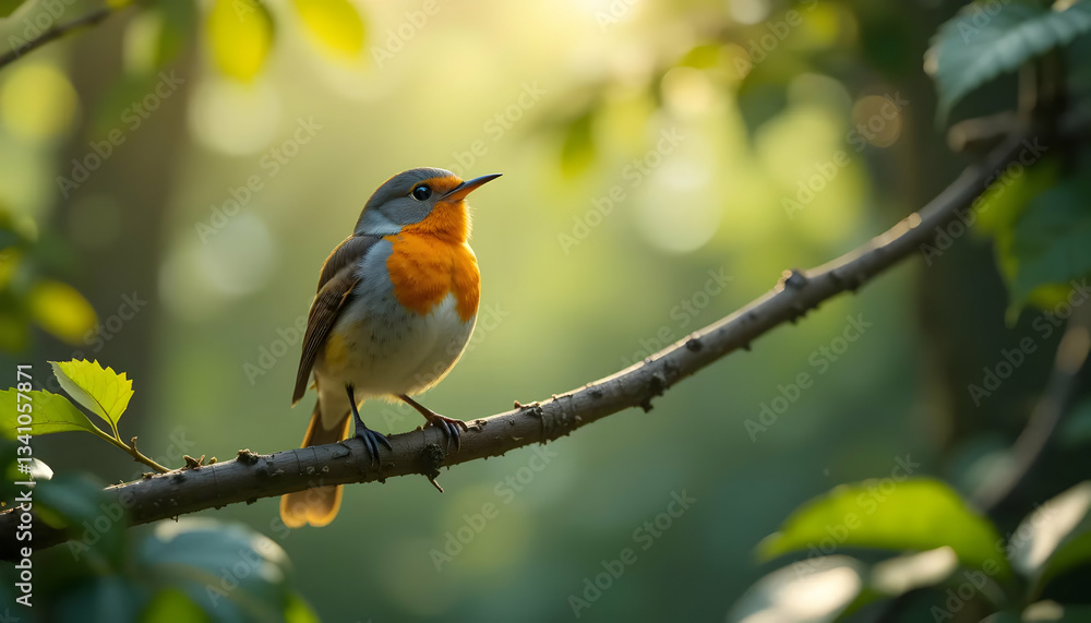 Vibrant Bird Perched on Branch in Soft Morning Light Surrounded by Lush Greenery Vibrant Bird Perched on Branch in Soft Morning Light Surrounded by Lush Greenery