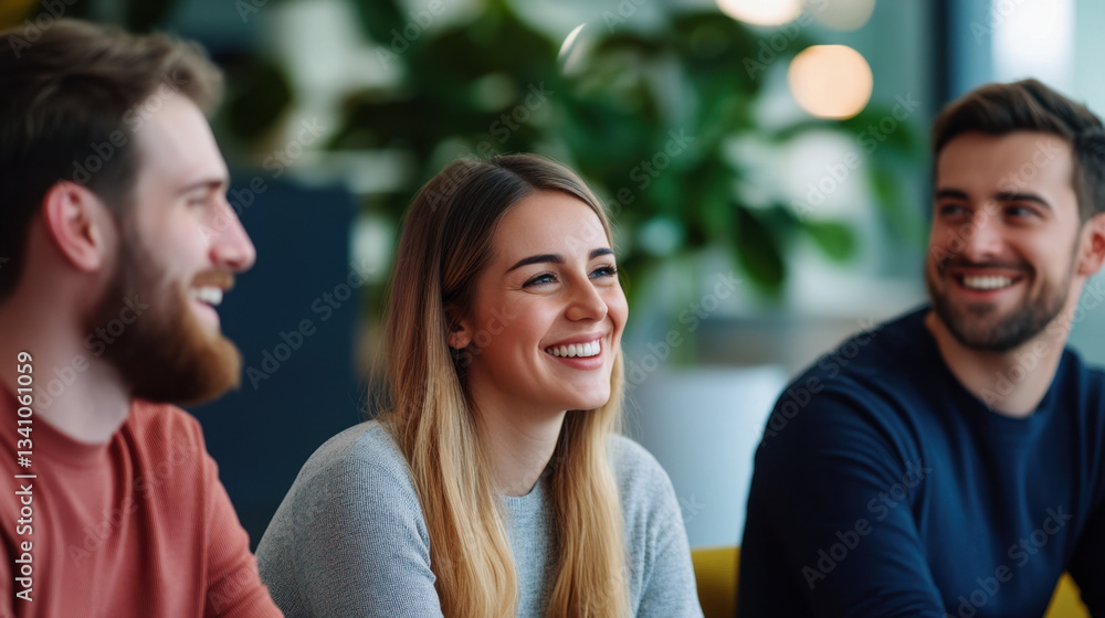 group of young professionals smiling and chatting in modern office breakout space, fostering positive and collaborative work environment group of young professionals smiling and chatting in modern office breakout space, fostering positive and collaborative work environment