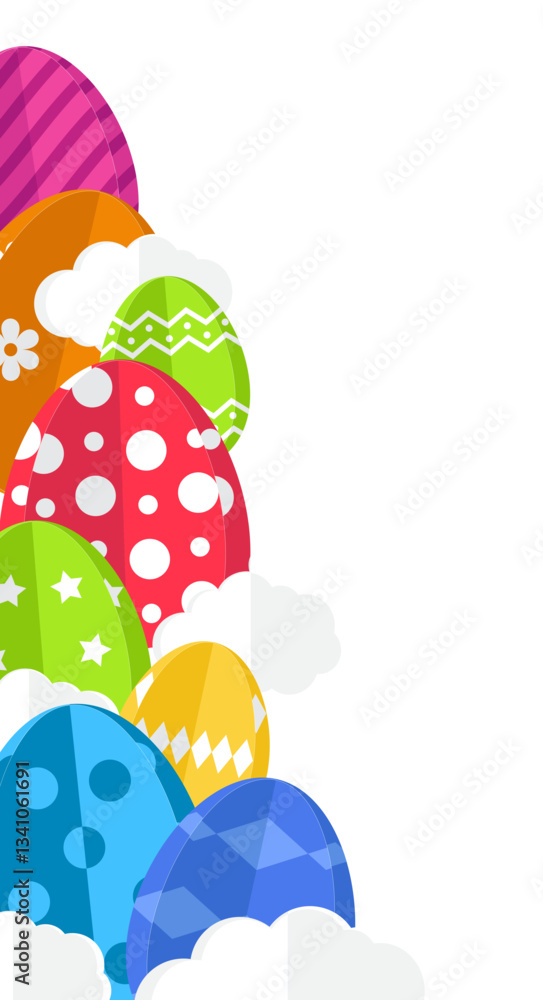 Fototapeta premium Bright easter eggs and clouds corner element. Paper cut elements for spring greetings