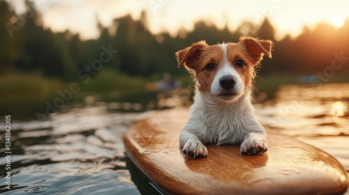 A relaxed dog resting on a paddle board as the sun sets behind, capturing the essence of tranquility, adventure, and the deep bond between a dog and its owner in nature.