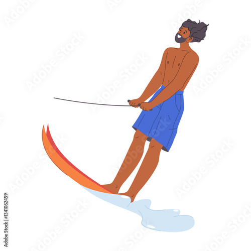 Summer activities and leisure, isolated person water skiing on rope. Vector male personage taming waves in ocean or sea. Holidays and vacation in warm country, extreme hobby and relaxation