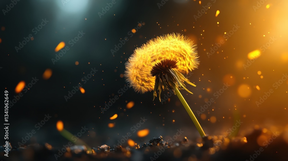 Obraz premium A captivating image of a dandelion puff surrounded by glowing particles, creating an enchanting atmosphere that evokes wonder and nostalgia in a magical setting.