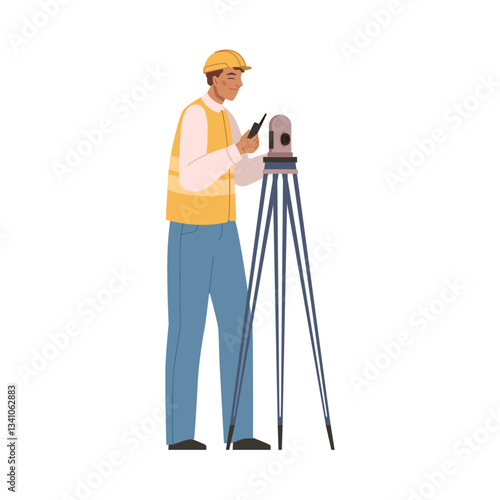 Geodesist with theodolite optical tool for work. Vector flat cartoon character, isolated engineer in helmet and uniform using walkie talkie for communication with colleagues and surveyors