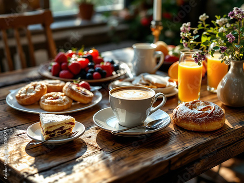 A gourmet breakfast spread with freshly baked pastries, colorful fruits, and a steaming cup of coffee on a rustic wooden table, in a warm, inviting light