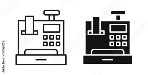 Cash register icons in black fill and line style