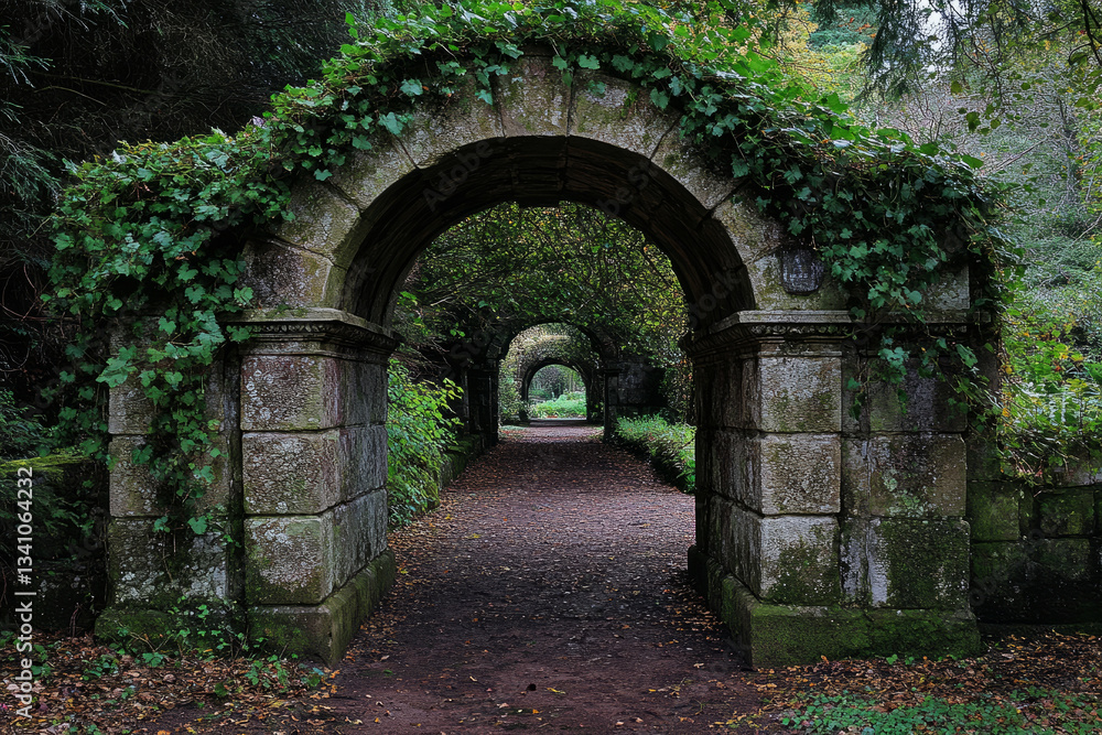 Ancient stone archway covered in lush green ivy leading to a magical garden pathway Ancient stone archway covered in lush green ivy leading to a magical garden pathway