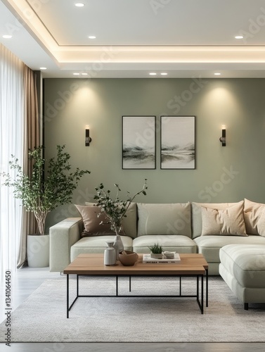 A modern living room showcasing a beige sofa with accessories