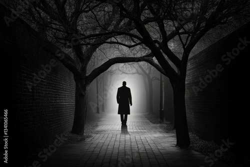 A shadowy figure standing at the end of a dark alley, barely visible in the thick fog