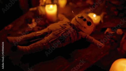 Video of a mysterious voodoo doll on a ritual table surrounded by glowing candles. Dark, eerie atmosphere highlights supernatural, occult, and mystic energy