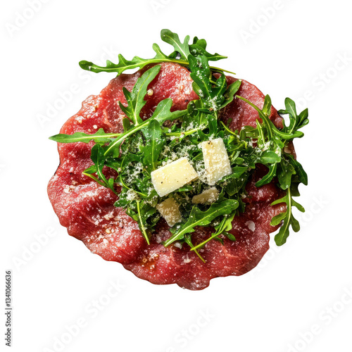 Exquisite Beef Carpaccio with Arugula and Parmesan: A Culinary Masterpiece of Fresh Flavors and Textures on a Dark Backdrop
