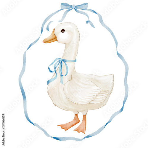 Cute little goose wiht bow in watercolor