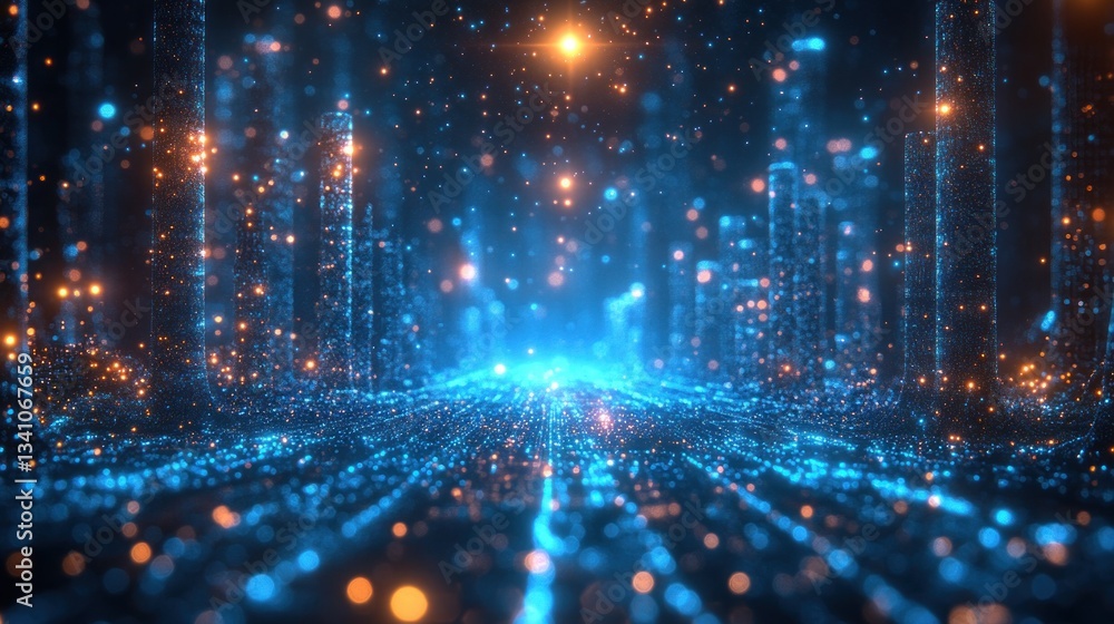 Futuristic Digital Landscape with Glowing Blue Wireframes and Particle Effects Futuristic Digital Landscape with Glowing Blue Wireframes and Particle Effects