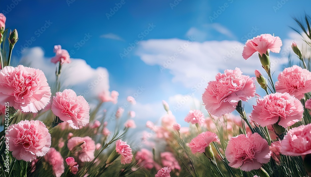 Obraz premium pink carnation flowers in the garden against blue sky with clouds.