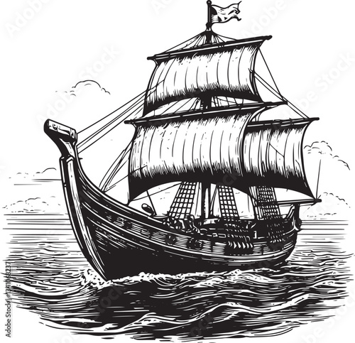 Viking boat sailing black ink vector illustration