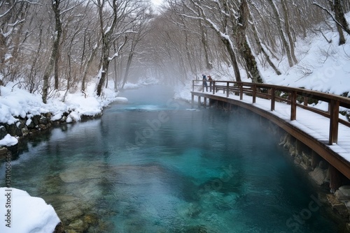 Wallpaper Mural A steaming hot spring (onsen) in the middle of a snowy forest in Hokkaido, with people soaking in relaxation Torontodigital.ca