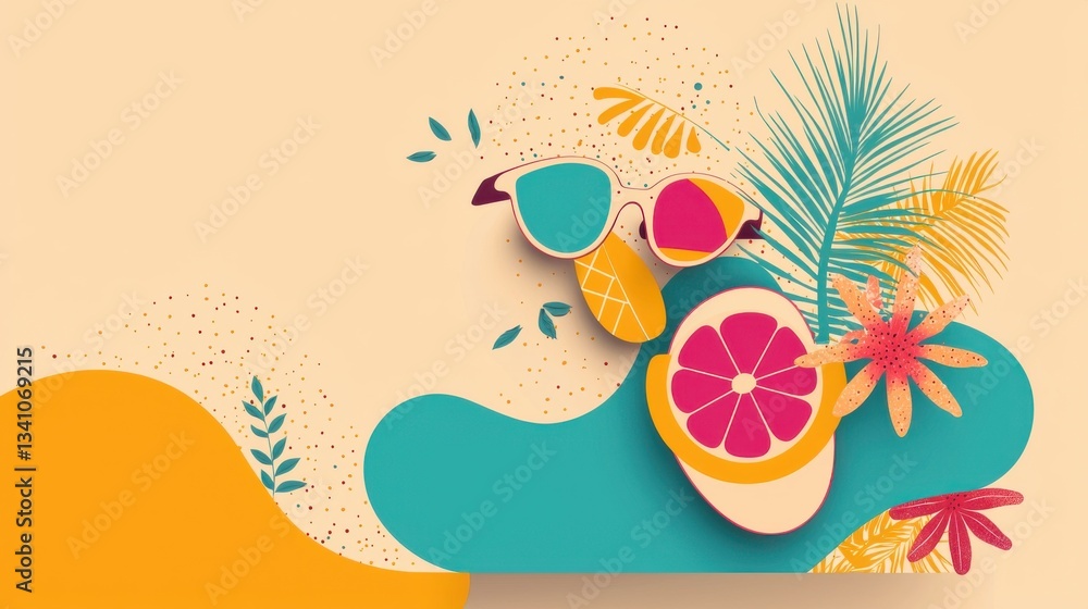 Vibrant display of tropical fruits and flowers with sunglasses and palm leaves overlooking a warm sunset colored background Vibrant display of tropical fruits and flowers with sunglasses and palm leaves overlooking a warm sunset colored background