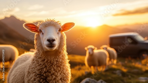 A friendly sheep gazes at the camera amidst a picturesque landscape bathed in the golden light of sunrise, providing a perfect moment of tranquility and connection to nature.