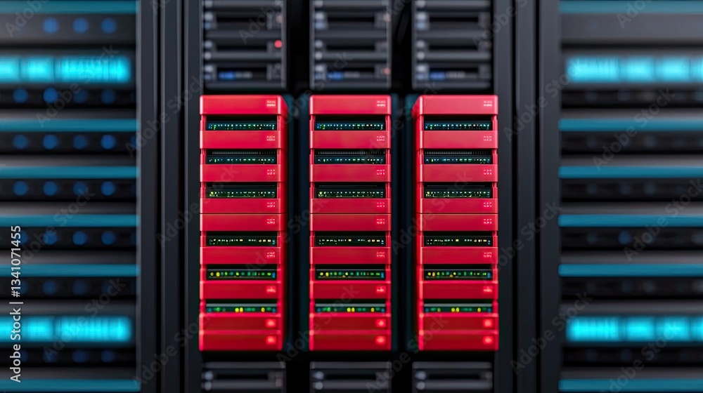 Cloud technology in public and private server storage concept. High-tech server rack with red units and glowing blue indicators, showcasing data storage. Cloud technology in public and private server storage concept. High-tech server rack with red units and glowing blue indicators, showcasing data storage.