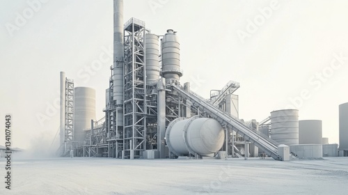 A cement production plant with giant rotating kilns and concrete dust on a muted beige background