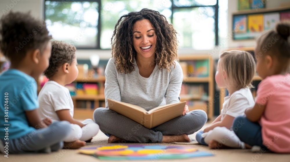Obraz premium Engaging Kindergarten Teacher Reading Story to Young Children in Classroom