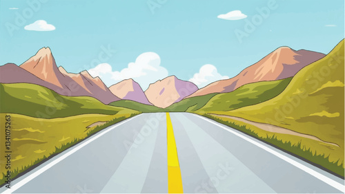 Road stretching into green fields and bright blue sky. Landscape with a road. Vector Illustration.