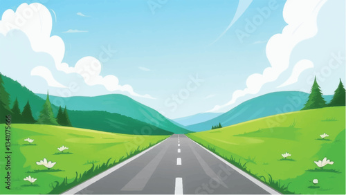 Road stretching into green fields and bright blue sky. Landscape with a road. Vector Illustration.