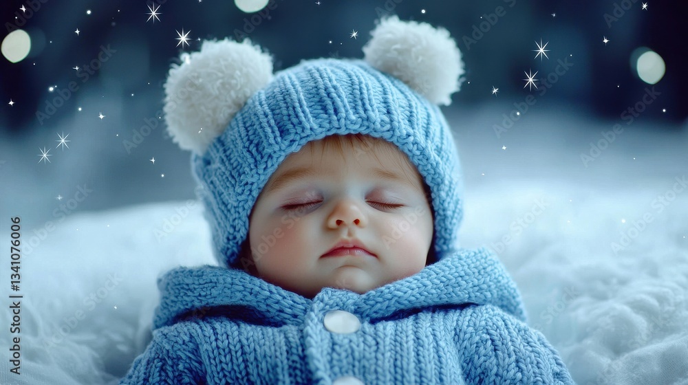 Sleeping Baby in Cozy Blue Knit Outfit with Pom Poms and Snowflakes Sleeping Baby in Cozy Blue Knit Outfit with Pom Poms and Snowflakes