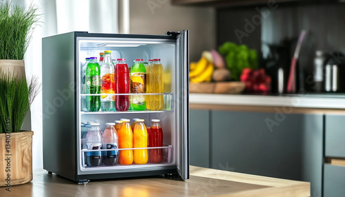 Mini refrigerator with different drinks and snake