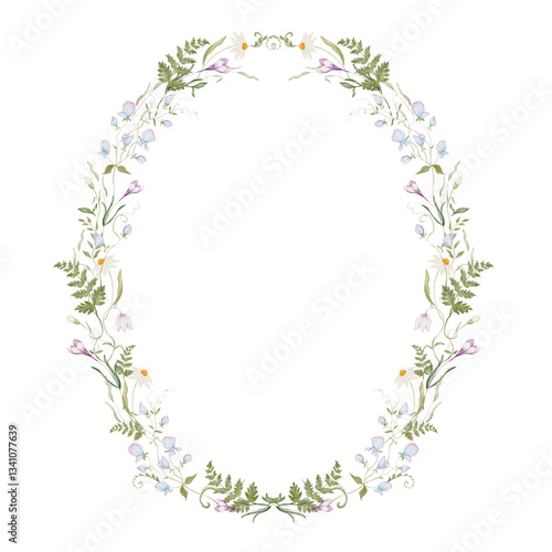 Watercolor frame with herbs and wildflowers